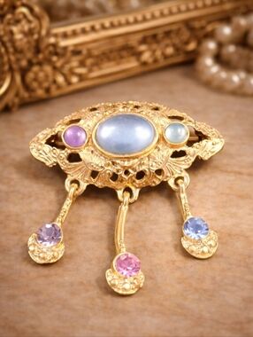 Statement Vintage 80s Blue Cabochon Brooch Gold Tone Dangle Rhinestone Drops